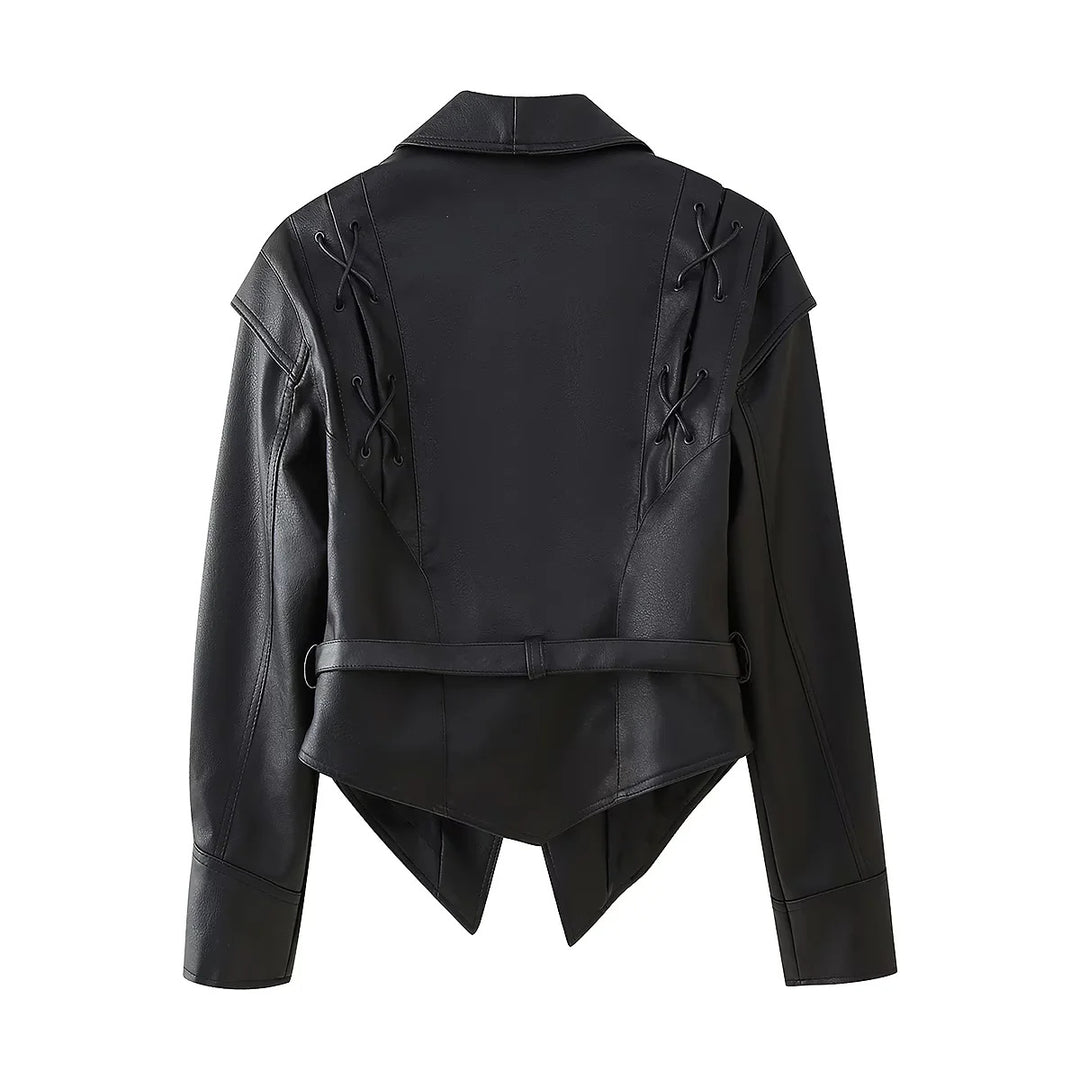 Damen modische Kunstlederjacke mit dekorativer Schnürung und zeitgemäßem Schnitt EB