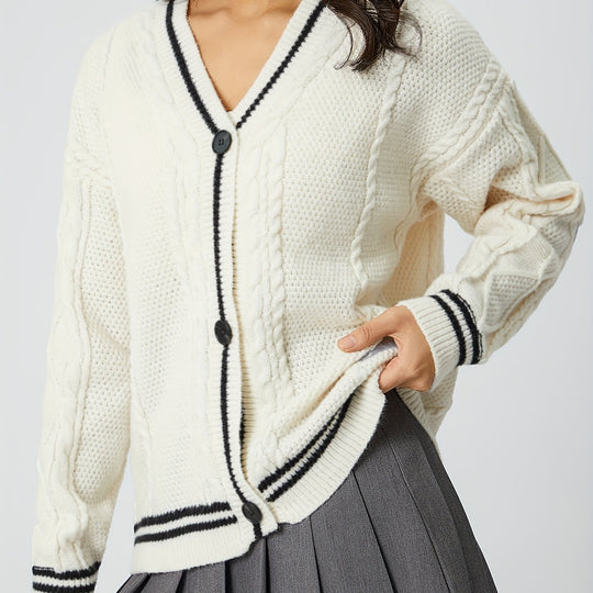 Damen nan oversized Zopfstrick Cardigan mit V-Ausschnitt und kontrastierenden Strickkanten EB