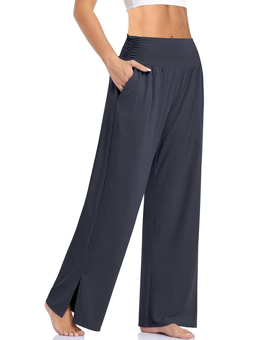 Damen nan weite Yogahose mit hohem Komfortbund, seitlichen Eingrifftaschen und seitlichem Bein-Schlitz EB