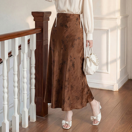 Damen  taillenhoher A-Linien-Midirock aus jacquardähnischem Satin mit floralem Relief EB