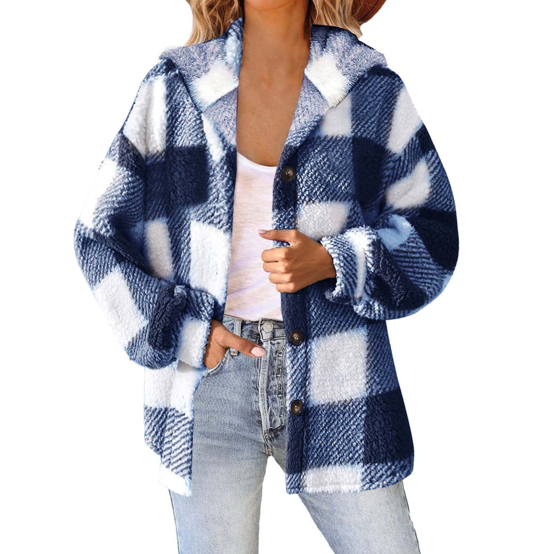 Damen nan kuschelige karierte Teddyjacke mit Kapuze, Knopfverschluss und oversized Schnitt EB