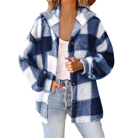 Damen nan kuschelige karierte Teddyjacke mit Kapuze, Knopfverschluss und oversized Schnitt EB