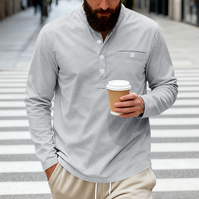 Herren nan langärmeliges Henley-Shirt mit Stehkragen, Brusttasche und dekorativer Knopfleiste EB