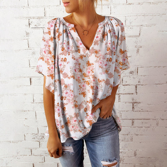 Damen luftiges V-Ausschnitt Blusenshirt mit floralem Muster EB
