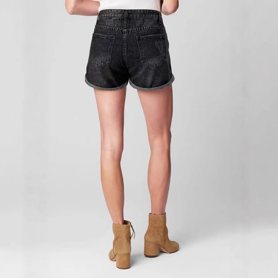Damen Destroyed Denim-Shorts mit hohem Bund und stylischem Fransen-Look EB