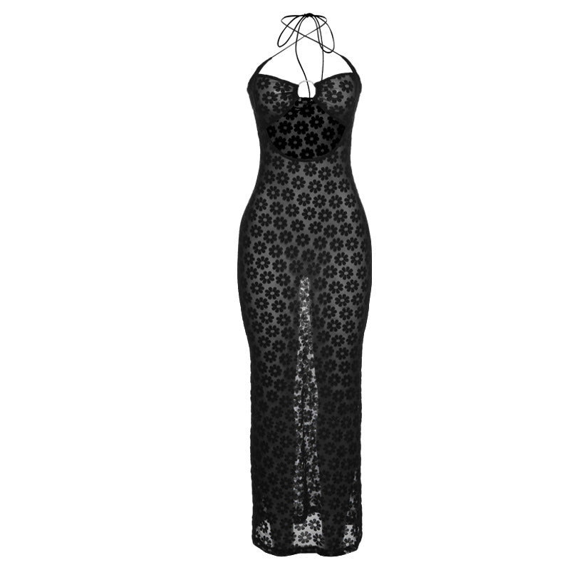 Damen Transparente Maxikleid mit Blumenmuster und aufregendem Schlitz EB
