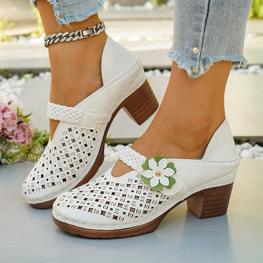 Damen elegante Pantoletten mit floralem Dekor und geflochtenem Riemen EB