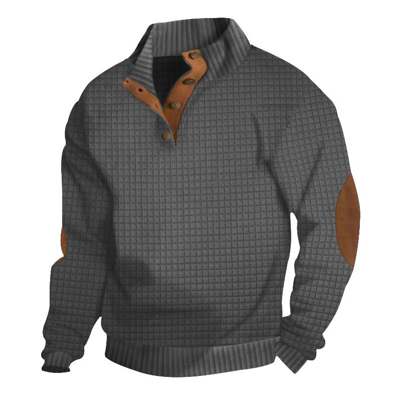 Herren Strukturiertes Waffelstrick-Henleypullover mit Lederbesatz & Ellbogenpatches EB