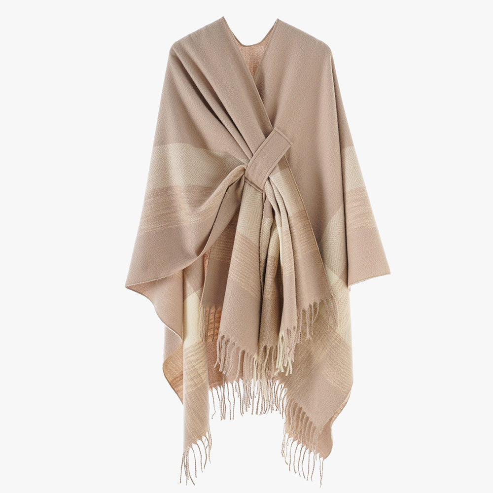 Damen Cape‑Poncho aus Wollmix mit Schlitzgürtel, geometrischem Jacquard und Fransensaum EB
