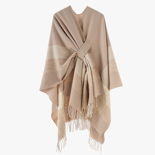Damen Cape‑Poncho aus Wollmix mit Schlitzgürtel, geometrischem Jacquard und Fransensaum EB