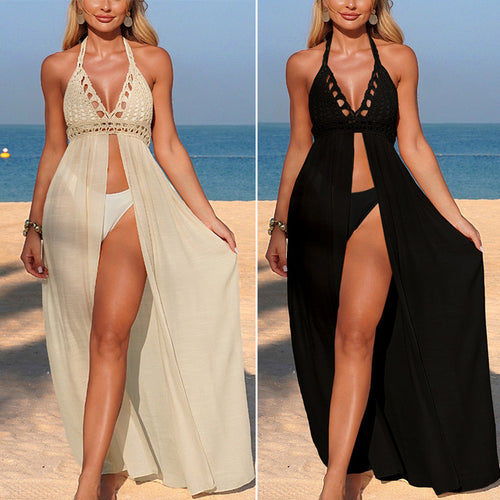 Damen Häkel-Strandüberwurf mit tiefem V-Ausschnitt und eleganter geschlitzt Konstruktion EB