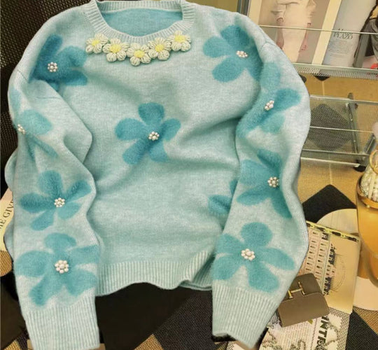 Damen Pullover mit floralem Design und Perlenapplikationen EB
