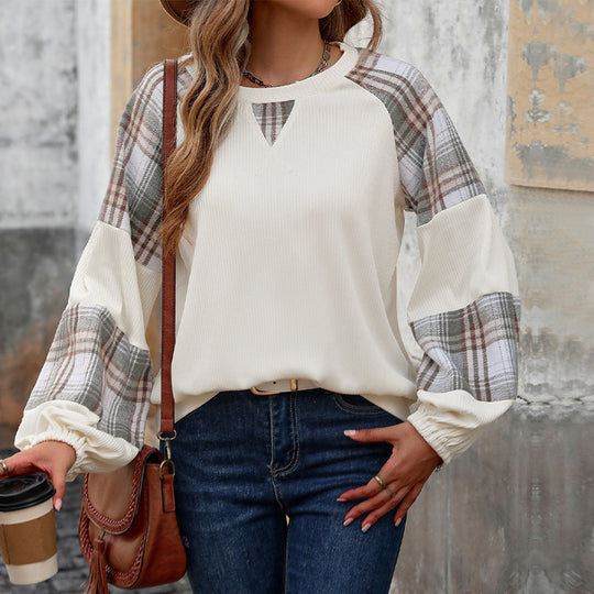 Damen Modischer Sweatpullover mit Karomuster und Rippstruktur EB