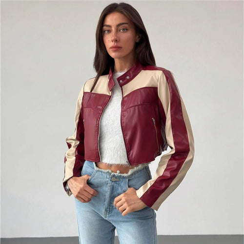 Damen cropped Kunstlederjacke mit kontrastierenden Einsätzen EB