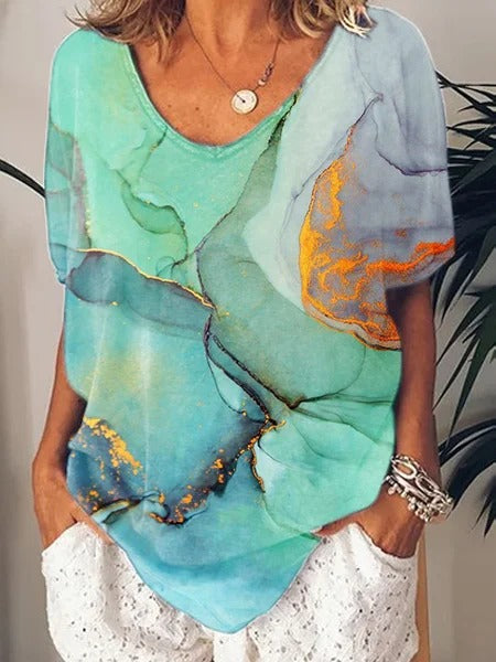 Damen Elegantes V-Ausschnitt T-Shirt mit abstraktem Design EB