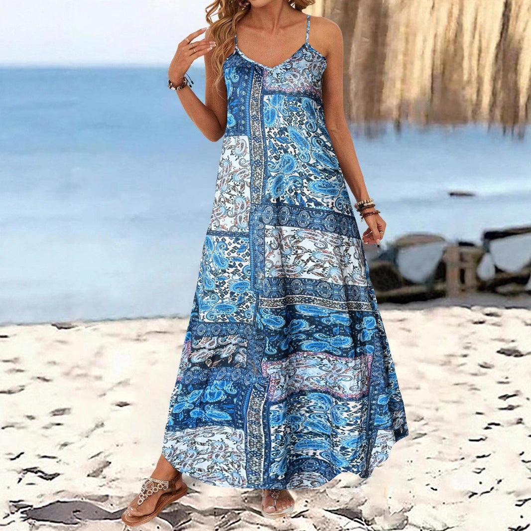 Damen Langärmliges Sommermaxikleid mit floralem Design und Spaghetti-Trägern EB