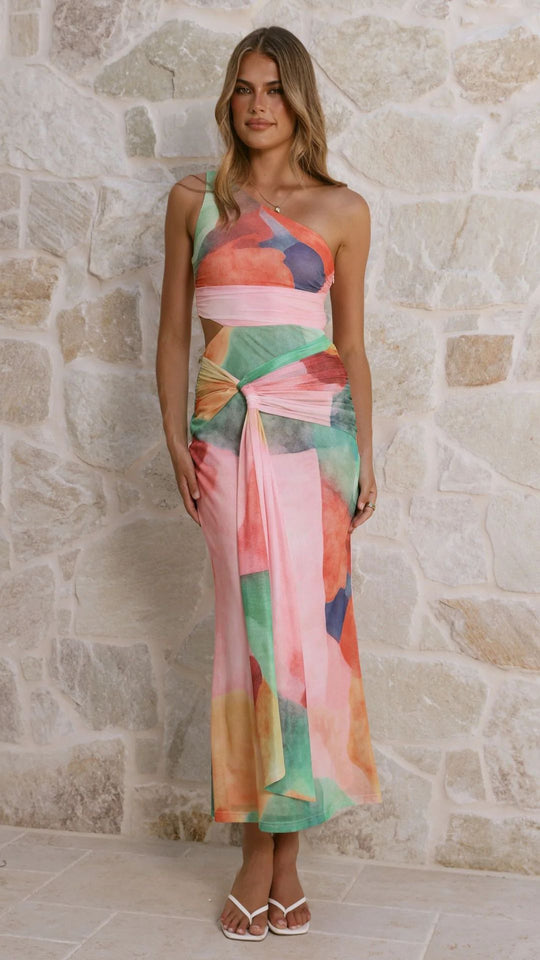 Damen Wickel-Maxikleid mit asymmetrischem Träger und floralen Akzenten EB