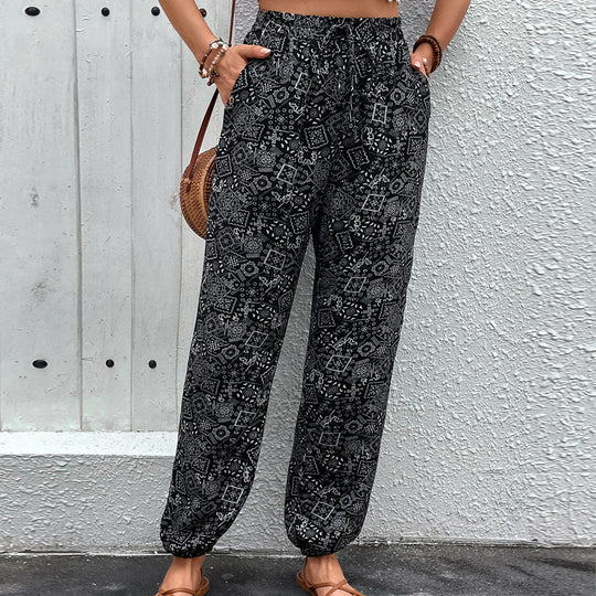 Damen Boho-Haremshose mit elastischem Taillenbund, Kordelzug und Seitentaschen EB