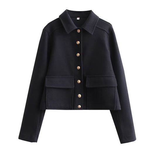 Damen modische Kurzjacke aus strukturiertem Wollmaterial mit praktischen Pattentaschen EB