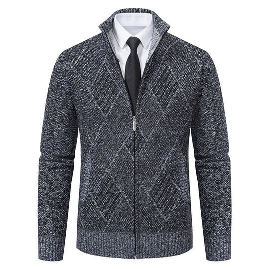 Herren modische Strickjacke mit hohem Kragen und stilvollem Zopfmuster EB