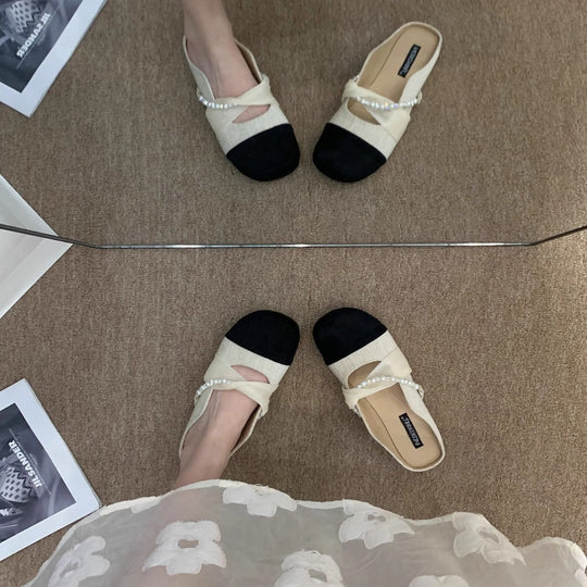 Damen Modische Ballerina-Pantoletten mit eleganter Perlenverzierung EB