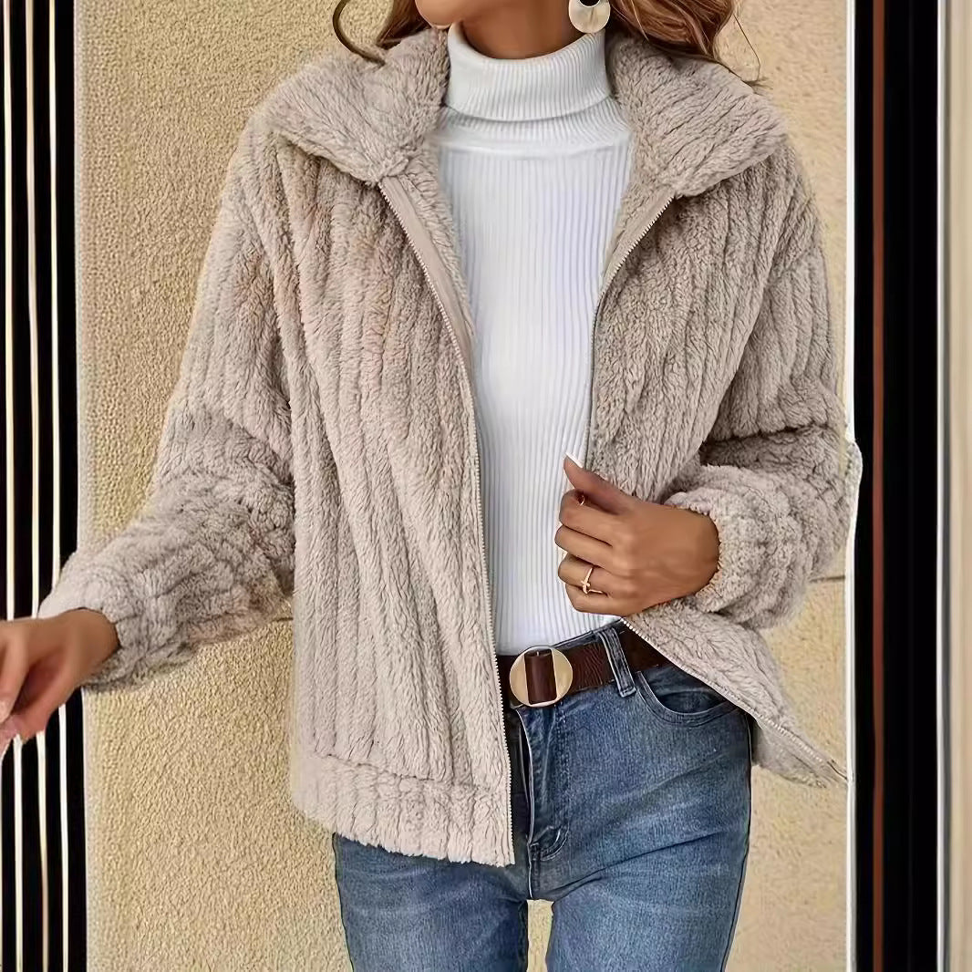 Damen kuschelige Fleecejacke mit Reißverschluss und geripptem Innenfutter EB