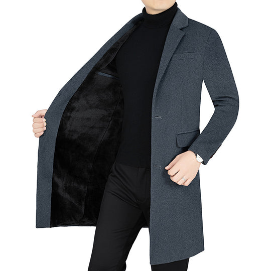 Herren Langer Wollmix-Mantel mit durchgehendem Kunstfell-Futter und schlanker Silhouette EB