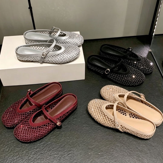 Damen Ballerinas mit modischem Netzdesign und eleganter Riemchen-Applikation EB