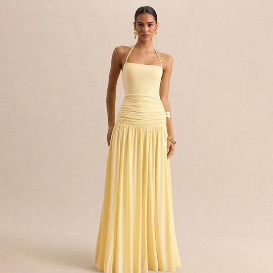 Damen Maxikleid mit Raffungen und schulterfreiem Design EB