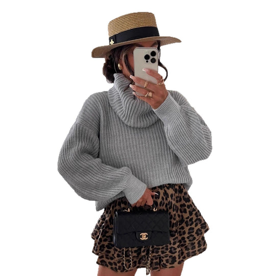 Damen Strickpullover mit hohem Kragen und voluminösen Ärmeln EB