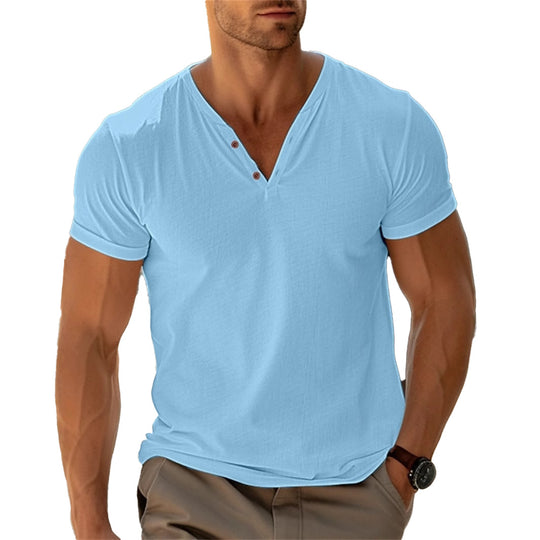 Herren nan tailliertes Henley-T-Shirt mit V-Ausschnitt kurzer Knopfleiste und krempelbaren Ärmeln EB