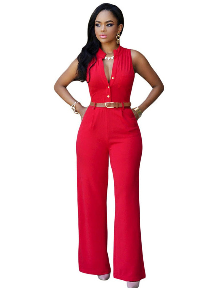 Damen Eleganter Jumpsuit mit Gürtel und Knopfdetail EB