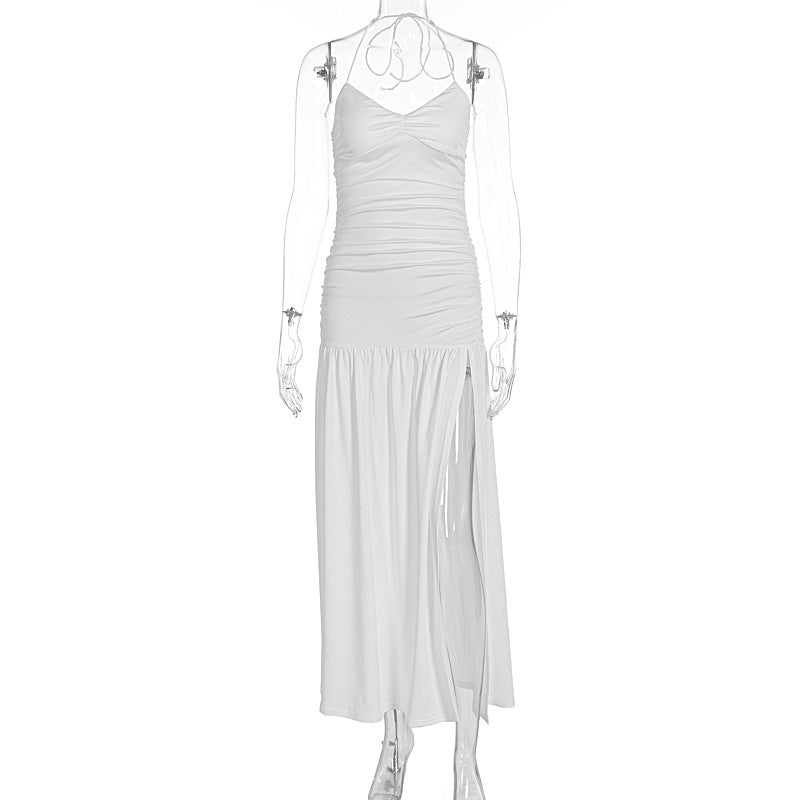 Damen Maxikleid mit raffinierten Rüschen und hohem Schlitz EB