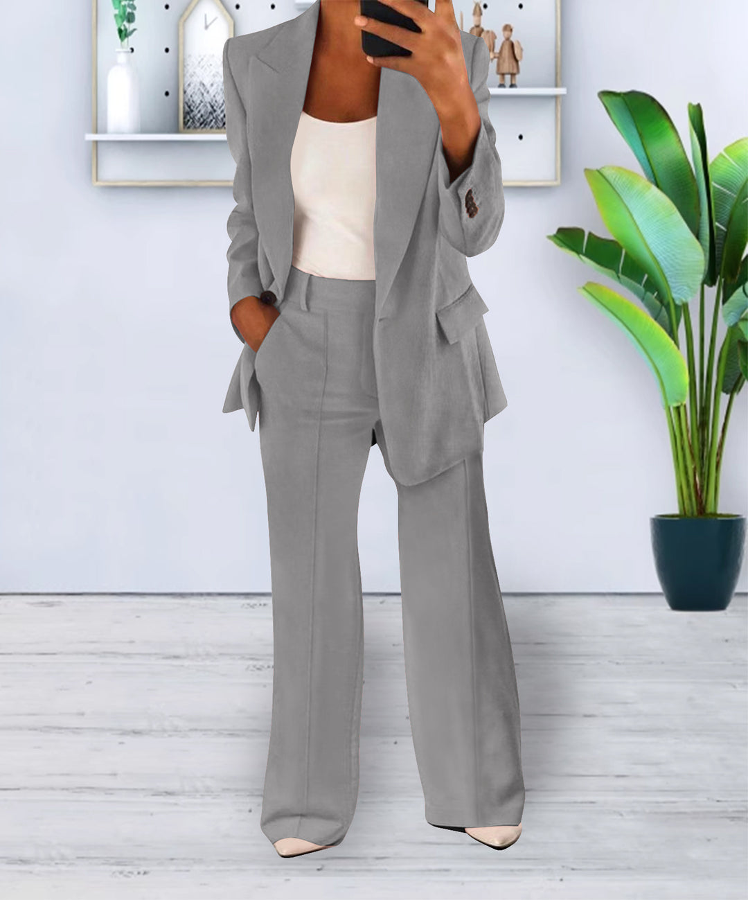 Damen Zweiteiliges Business-Casual Tailoring-Set mit Longline-Blazer und weitem Bundfalten-Hosenbein EB