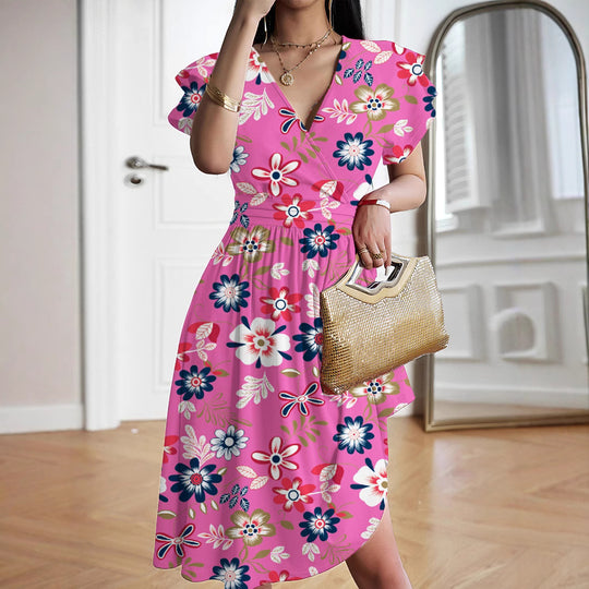 Damen elegantes Wickelkleid mit Rüschendetails und Taillierung EB