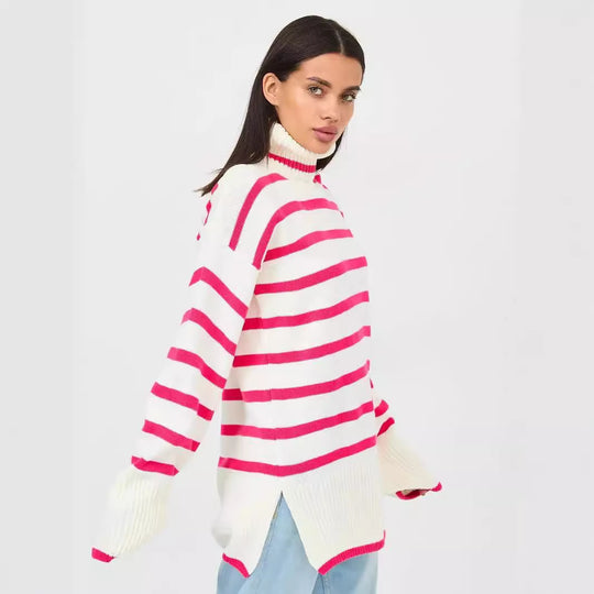 Damen gestrickter Rollkragenpullover mit modernem Streifenmuster und weitem Schnitt EB