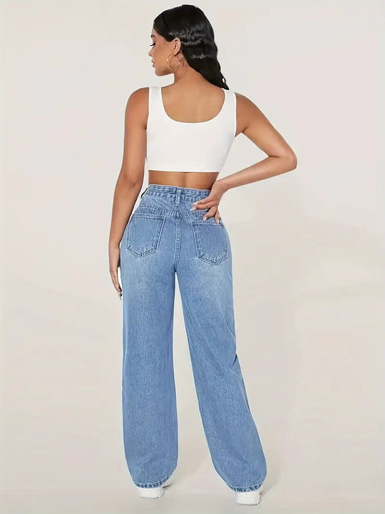 Damen weite Jeans mit modischen Rissdetails und hohem Bund EB