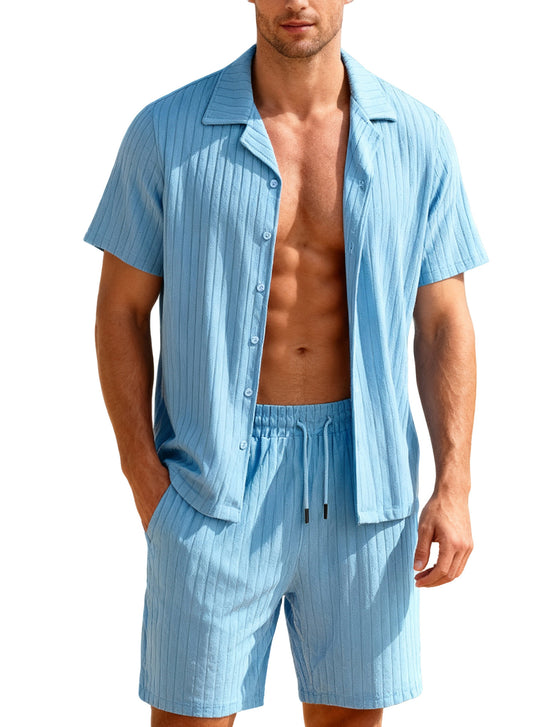 Herren nan geripptes Feinstrick-Lounge-Set mit kurzärmligem Revershemd und Kordelshorts EB
