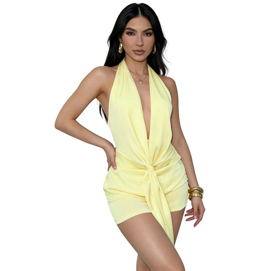 Damen Elegantes Wickel-Playuit mit tiefem V-Ausschnitt und schöner Taillenbindung EB