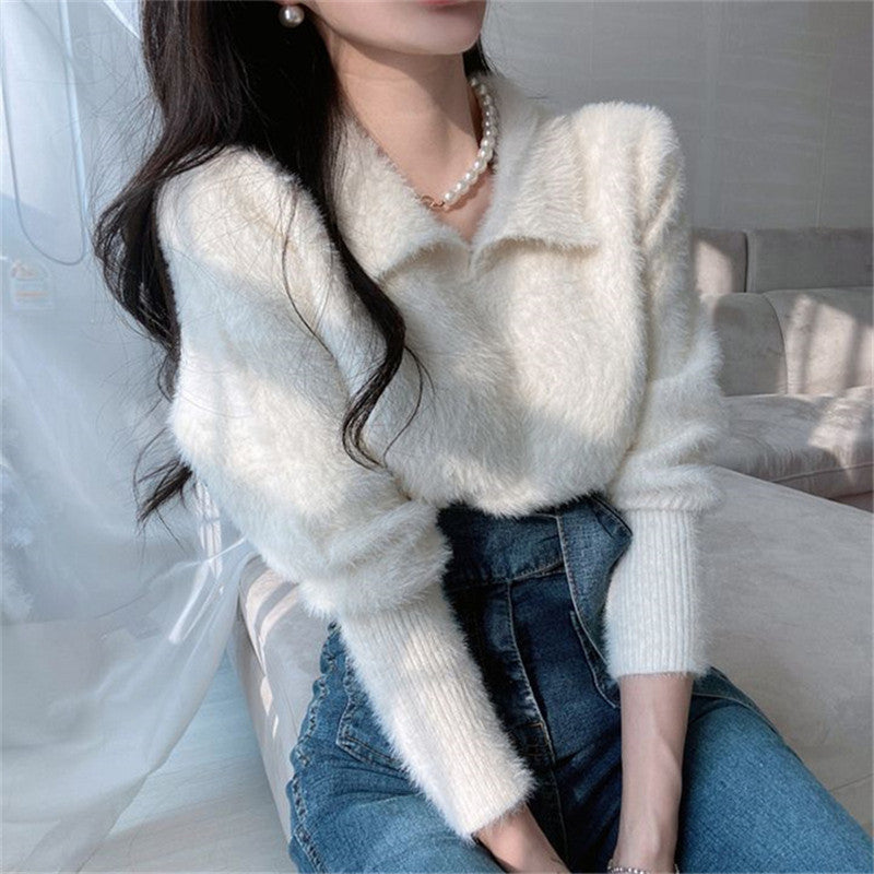 Damen Weicher Strickpullover mit elegantem Kragen und Puffärmeln EB