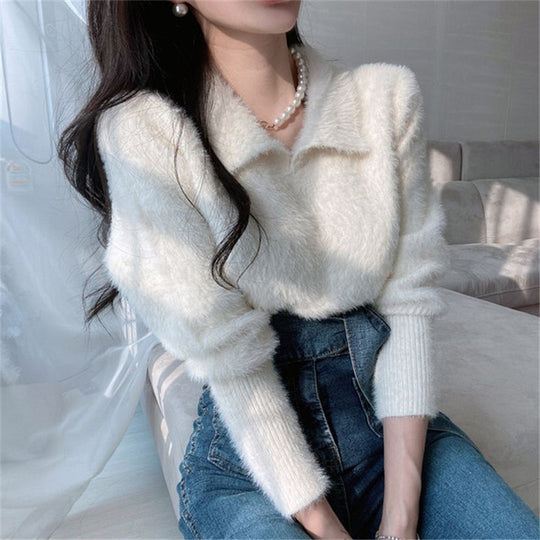 Damen Weicher Strickpullover mit elegantem Kragen und Puffärmeln EB