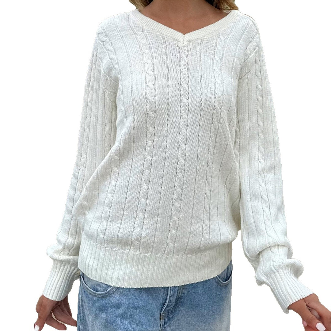 Damen nan feiner Strukturstrick-Pullover mit V‑Neck, Zopfmuster und geripptem Saum EB