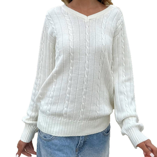 Damen nan feiner Strukturstrick-Pullover mit V‑Neck, Zopfmuster und geripptem Saum EB