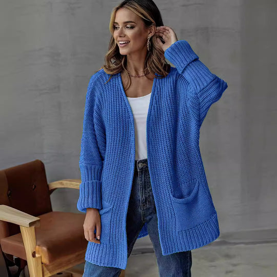 Damen Lange Strickjacke mit lockerer Passform und praktischen Taschen EB