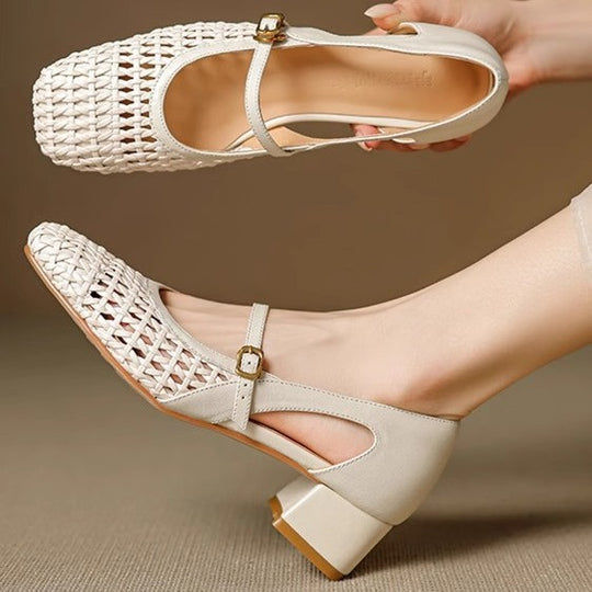 Damen elegante Mary Jane Pumps mit modischem Geflecht und bequemem Blockabsatz EB