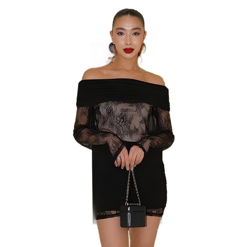 Damen Elegantes Spitzenkleid mit schulterfreier Silhouette und transparenten Ärmeln EB
