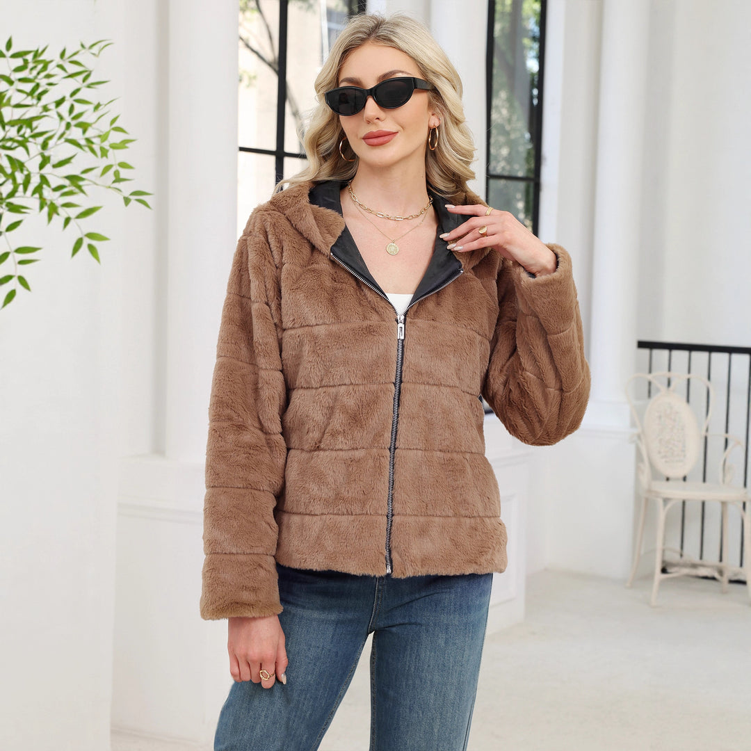 Damen Kuschelige Oversized-Fleecejacke mit Reißverschluss und Kapuze EB