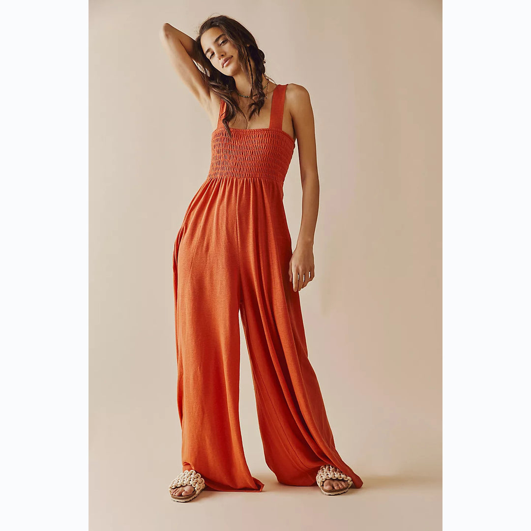 Damen Lässiger Jumpsuit mit elastischem Oberteil und weitem Bein EB
