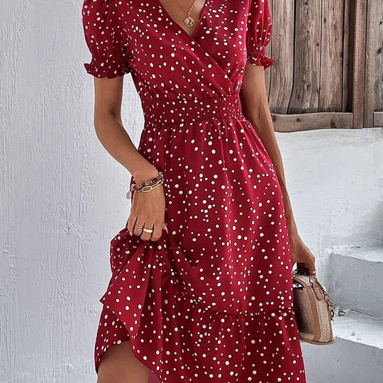 Damen Midi-Kleid mit Puffärmeln und V-Ausschnitt EB