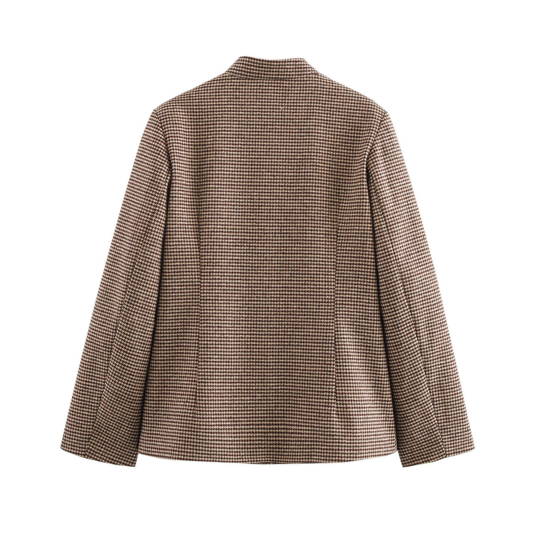 Damen elegante Karojacke mit durchgehender Knopfleiste und praktischen Taschen EB